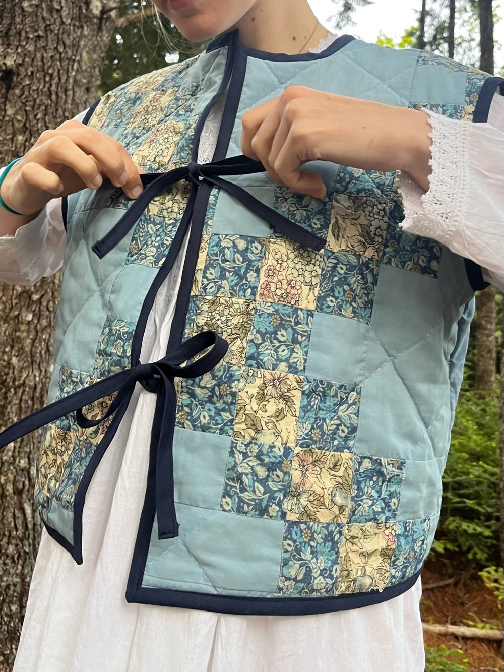 Quilt Tie-Front Vest in Light Blue - Handmade